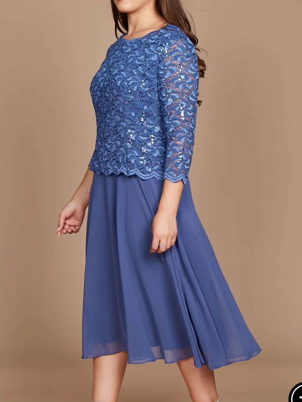 NEW! ALEX EVENINGS Women’s 6P Tea Length Wedgewood Blue Sequin 3/4 Sleeve Dress